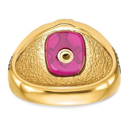 Herrenring aus massivem 14K Gelbgold mit synthetischem simuliertem Rubin, Freimaurer-Design