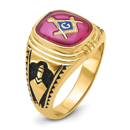 Herrenring aus massivem 14K Gelbgold mit synthetischem simuliertem Rubin, Freimaurer-Design
