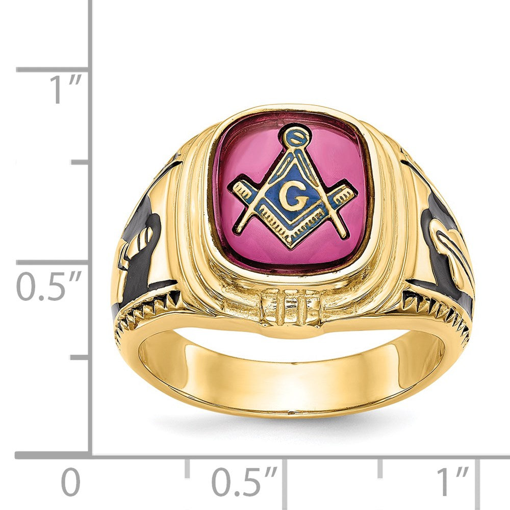 Herrenring aus massivem 14K Gelbgold mit synthetischem simuliertem Rubin, Freimaurer-Design