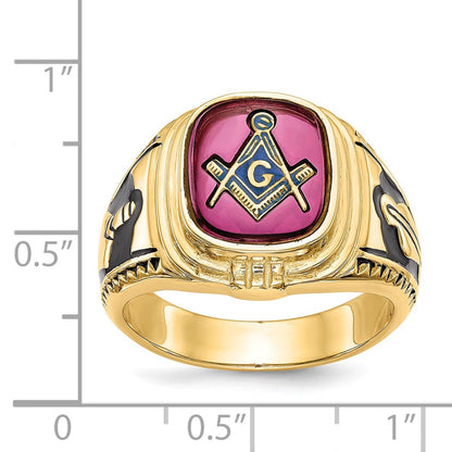 Herrenring aus massivem 14K Gelbgold mit synthetischem simuliertem Rubin, Freimaurer-Design