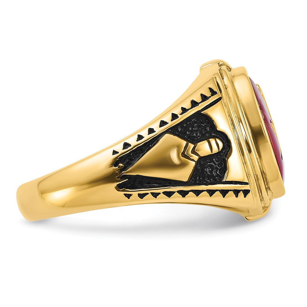 Herrenring aus massivem 14K Gelbgold mit synthetischem simuliertem Rubin, Freimaurer-Design
