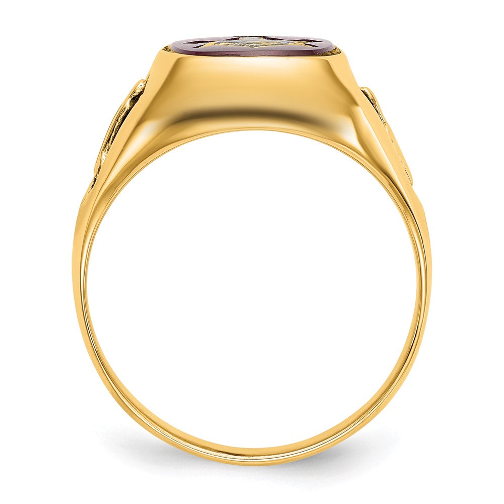 Herren-Freimaurerring mit synthetischem Rubin, massives 14K Gelbgold