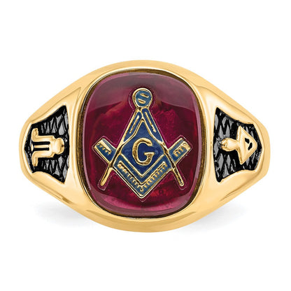 Herren-Freimaurerring mit synthetischem Rubin, massives 14K Gelbgold