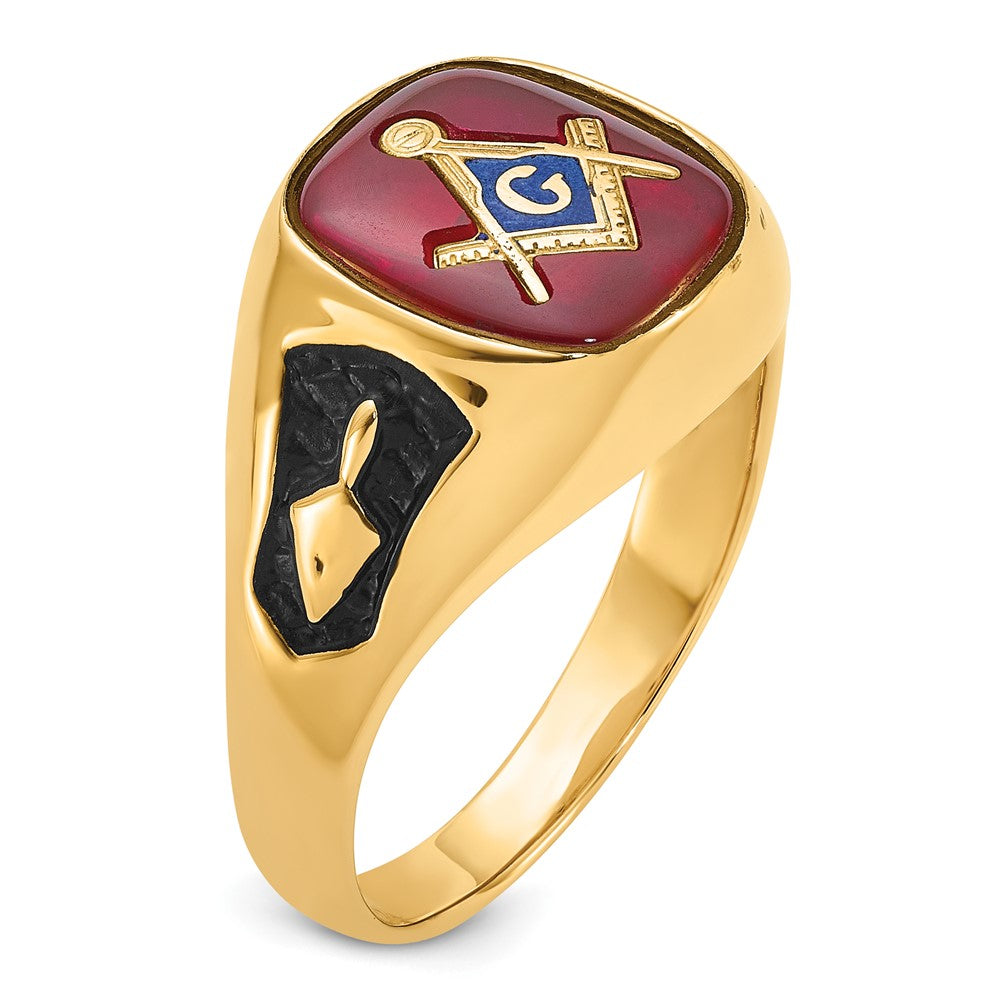 Herren-Freimaurerring mit synthetischem Rubin, massives 14K Gelbgold