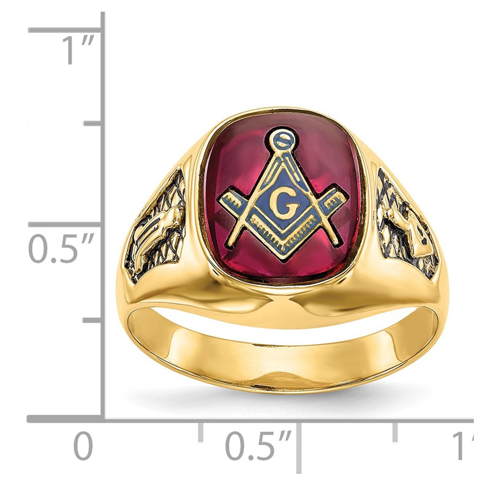 Herren-Freimaurerring mit synthetischem Rubin, massives 14K Gelbgold