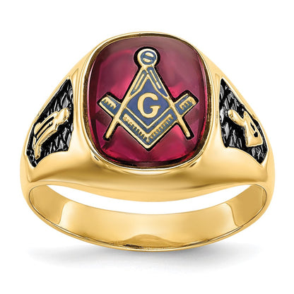 Herren-Freimaurerring mit synthetischem Rubin, massives 14K Gelbgold