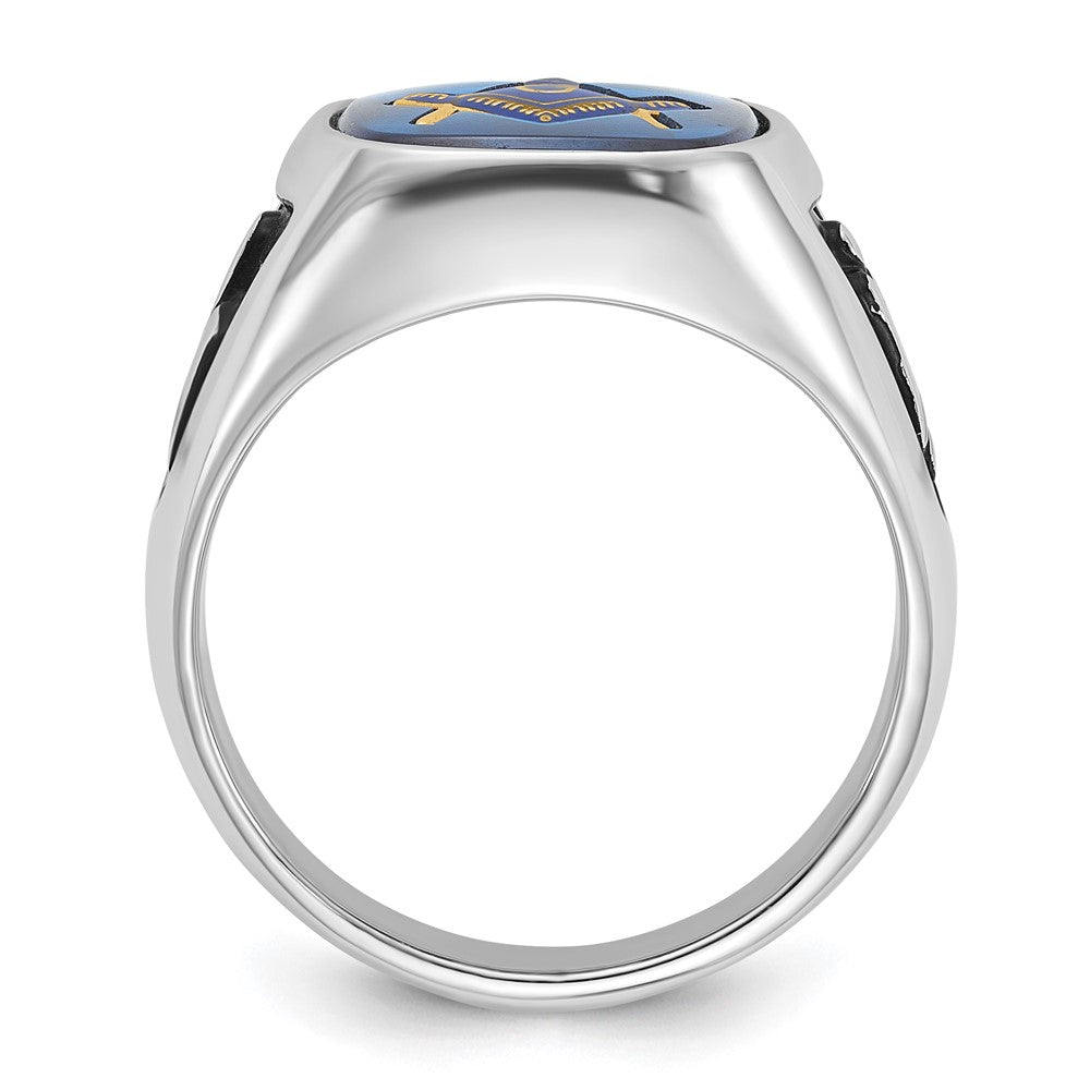 Massiver Herren-Freimaurerring aus 14K Weißgold mit Emaille und synthetischem Stein