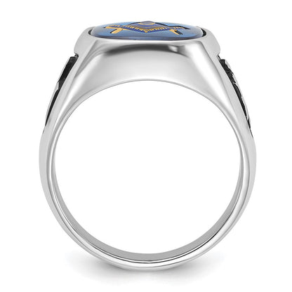 Massiver Herren-Freimaurerring aus 14K Weißgold mit Emaille und synthetischem Stein