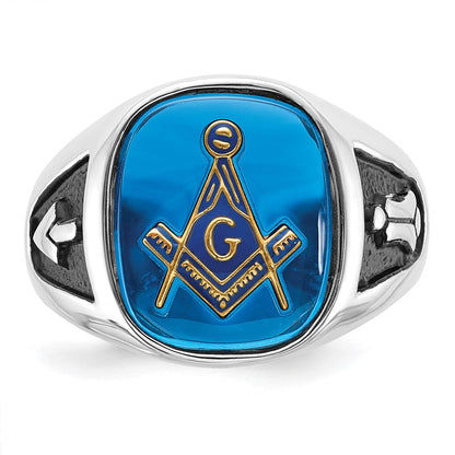 Massiver Herren-Freimaurerring aus 14K Weißgold mit Emaille und synthetischem Stein
