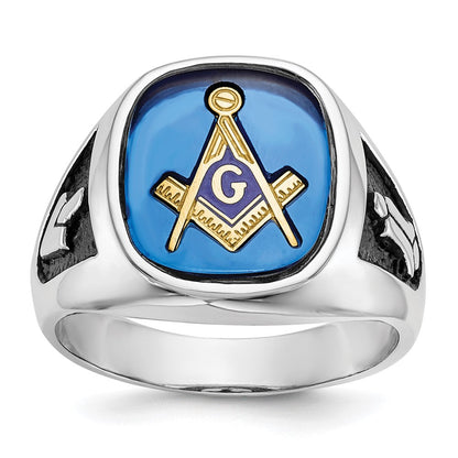 Massiver Herren-Freimaurerring aus 14K Weißgold mit Emaille und synthetischem Stein