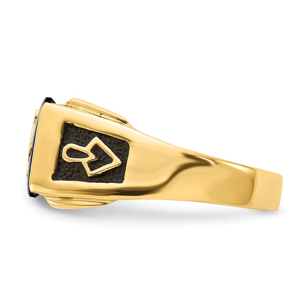 14K Gelbgold Herren Poliert und Strukturiert mit Schwarz Emaille, Imitat Blau Spinell Vs Qualität Diamant Freimaurer Ring