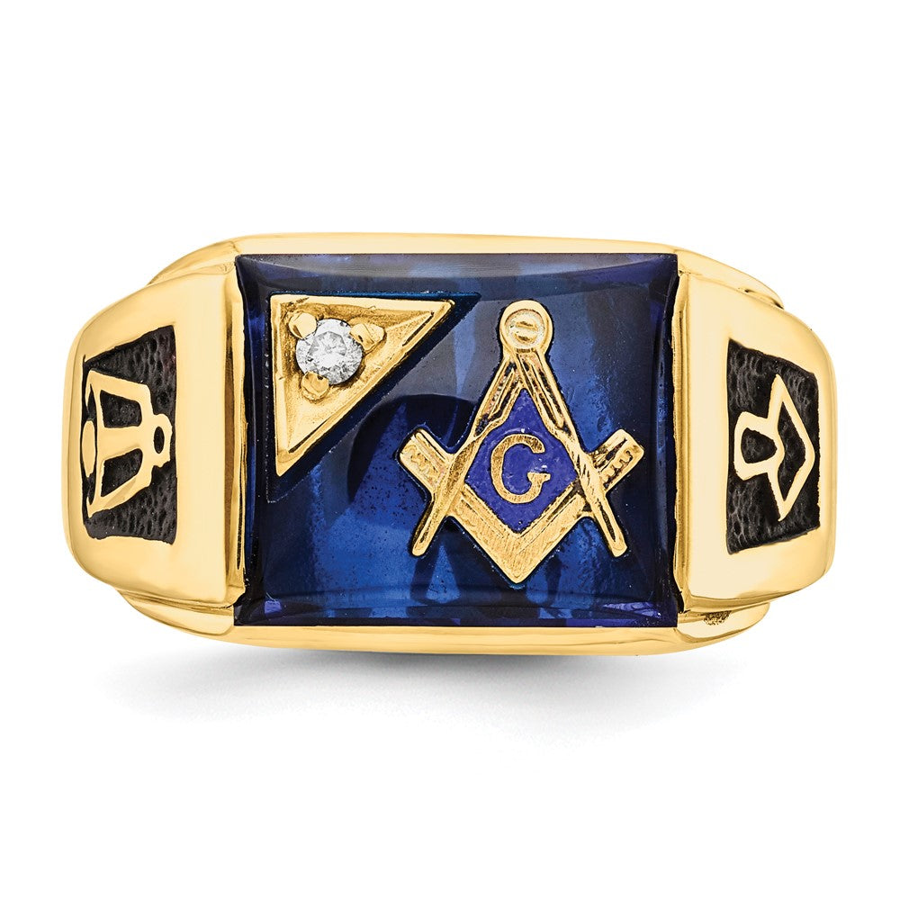 14K Gelbgold Herren Poliert und Strukturiert mit Schwarz Emaille, Imitat Blau Spinell Aaa Qualität Diamant Freimaurer Ring