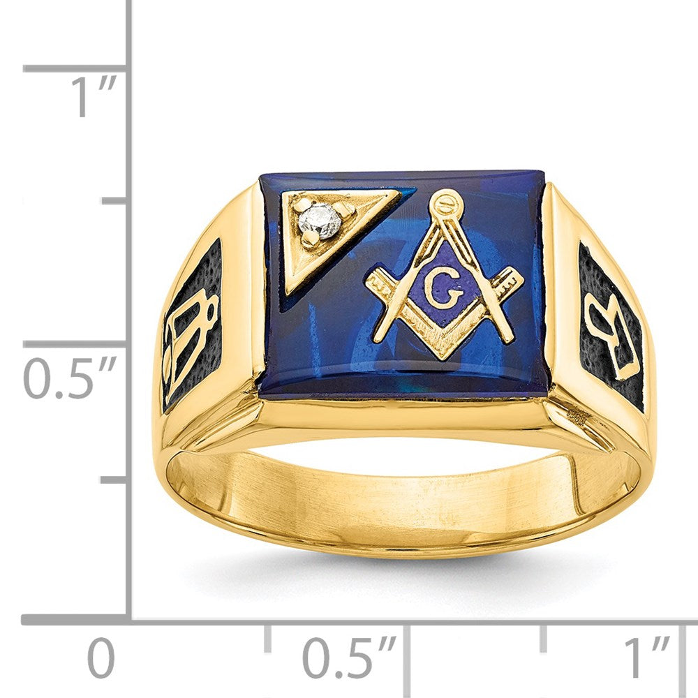 14K Gelbgold Herren Poliert und Strukturiert mit Schwarz Emaille, Imitat Blau Spinell Aaa Qualität Diamant Freimaurer Ring