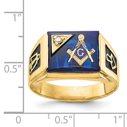 14K Gelbgold Herren Poliert und Strukturiert mit Schwarz Emaille, Imitat Blau Spinell Aa Qualität Diamant Freimaurer Ring