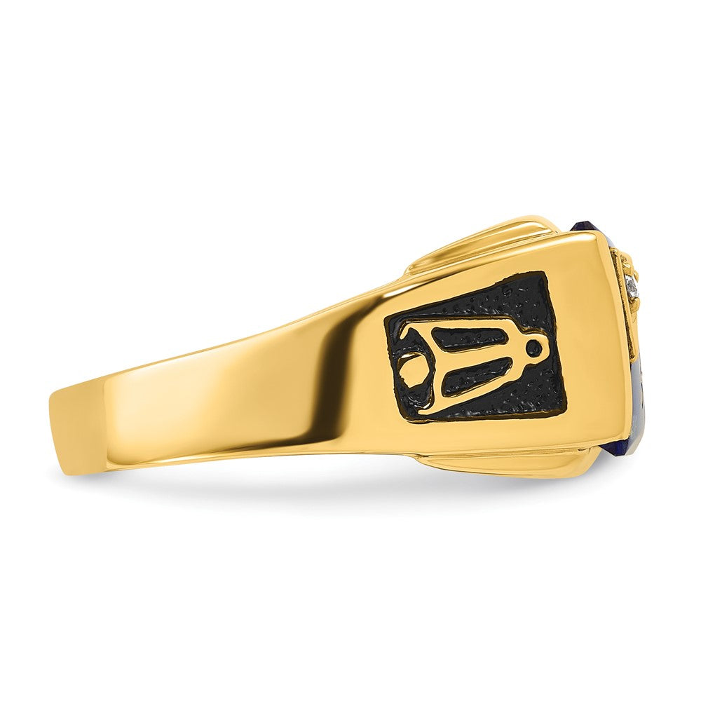 14K Gelbgold Herren Poliert und Strukturiert mit Schwarz Emaille, Imitat Blau Spinell Aaa Qualität Diamant Freimaurer Ring