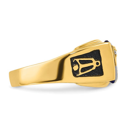 14K Gelbgold Herren Poliert und Strukturiert mit Schwarz Emaille, Imitat Blau Spinell Aa Qualität Diamant Freimaurer Ring