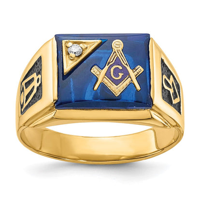 14K Gelbgold Herren Poliert und Strukturiert mit Schwarz Emaille, Imitat Blau Spinell Aa Qualität Diamant Freimaurer Ring