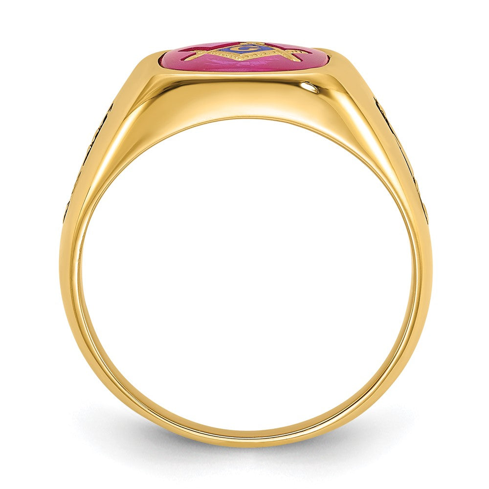 Herrenring aus massivem 14K Gelbgold mit synthetischem simuliertem Rubin, Freimaurer-Design