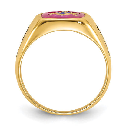 Herrenring aus massivem 14K Gelbgold mit synthetischem simuliertem Rubin, Freimaurer-Design
