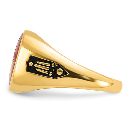 Herrenring aus massivem 14K Gelbgold mit synthetischem simuliertem Rubin, Freimaurer-Design