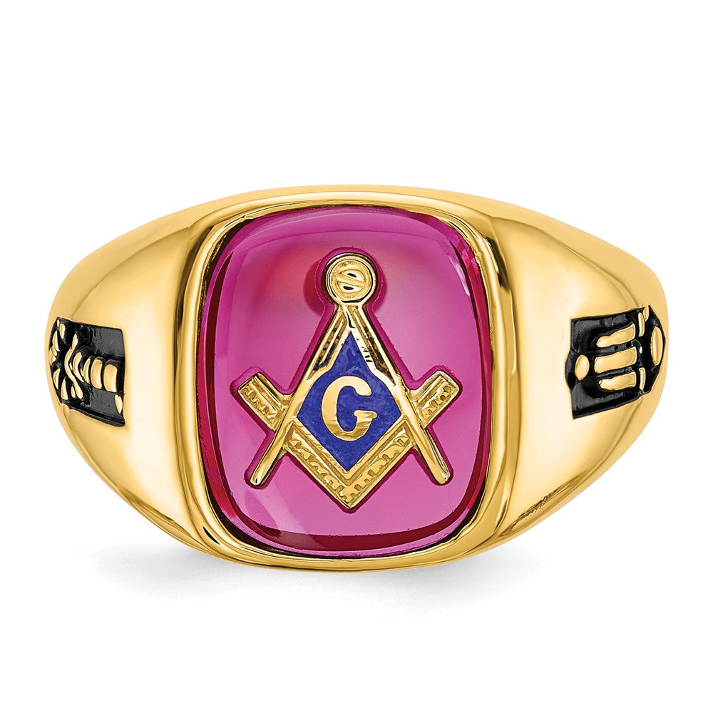 Herrenring aus massivem 14K Gelbgold mit synthetischem simuliertem Rubin, Freimaurer-Design