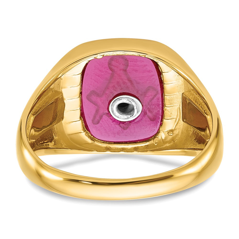 Herrenring aus massivem 14K Gelbgold mit synthetischem simuliertem Rubin, Freimaurer-Design