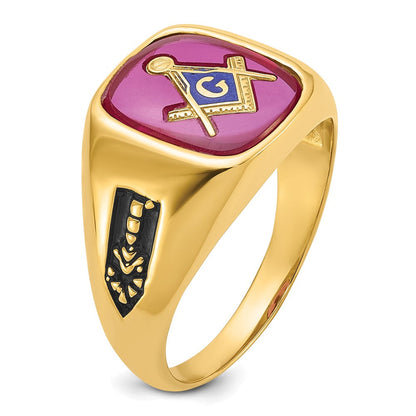 Herrenring aus massivem 14K Gelbgold mit synthetischem simuliertem Rubin, Freimaurer-Design