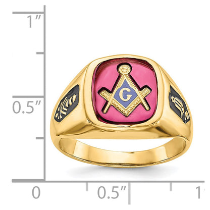 Herrenring aus massivem 14K Gelbgold mit synthetischem simuliertem Rubin, Freimaurer-Design