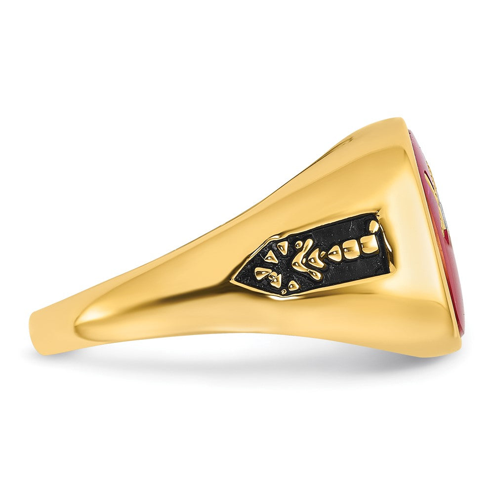 Herrenring aus massivem 14K Gelbgold mit synthetischem simuliertem Rubin, Freimaurer-Design