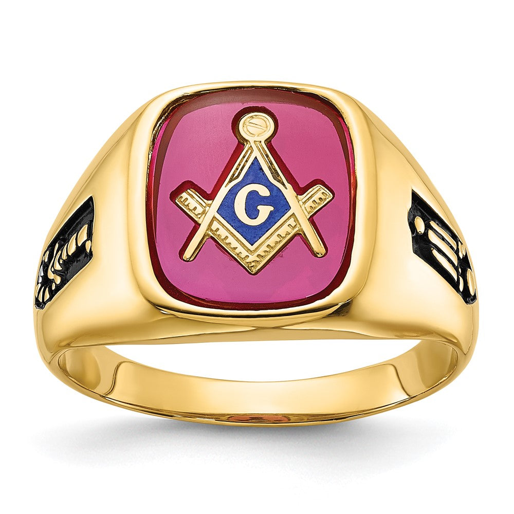 Herrenring aus massivem 14K Gelbgold mit synthetischem simuliertem Rubin, Freimaurer-Design