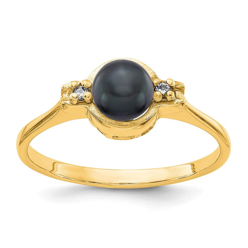 14K-Gelbgold-Ring mit 5-mm-schwarzer FW-Zuchtperle AA und echtem Diamant