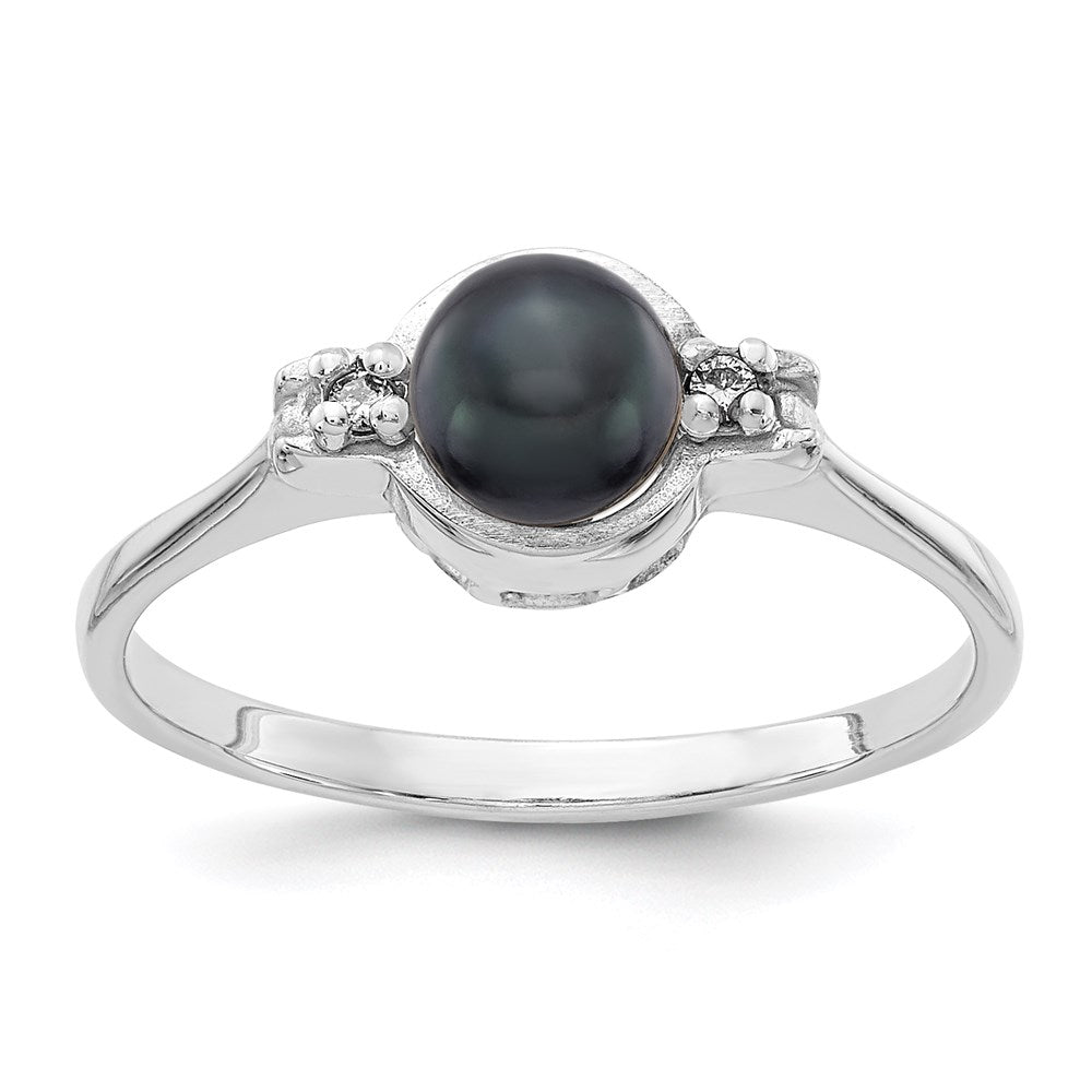 14K Weißgold Ring mit 5 mm schwarzer Süßwasser-Zuchtperle AAA und echten Diamanten
