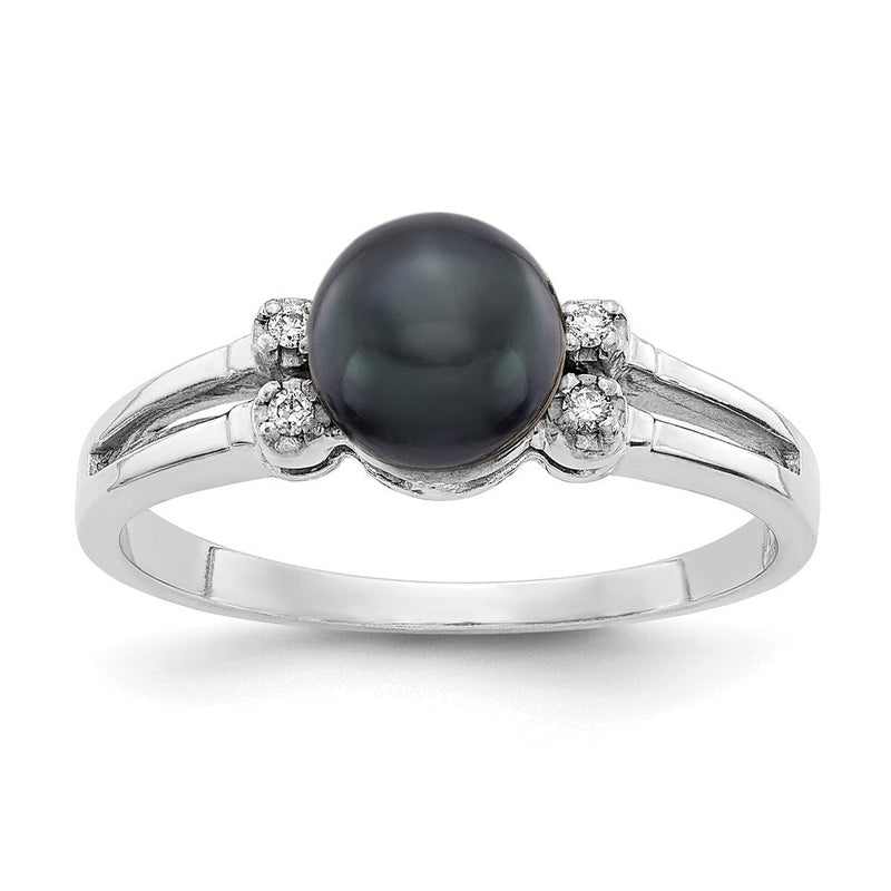 Ring aus 14K Weißgold mit 6 mm schwarzer Süßwasser-Zuchtperle (Qualität A) und echten Diamanten