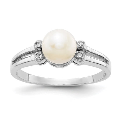14K Weißgold 6mm Fw Zuchtperle Aa Diamant Ring