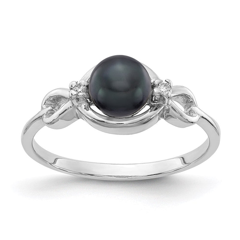 14K Weißgold Ring mit 5,5 mm schwarzer FW-Zuchtperle AA und echten Diamanten