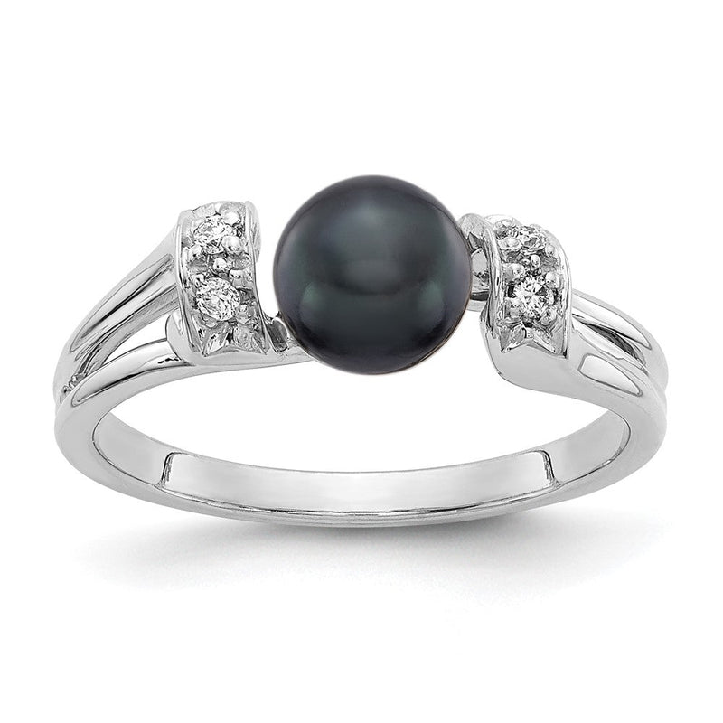 14K Weißgold Ring mit 6 mm schwarzer Süßwasser-Zuchtperle und echten Diamanten VS