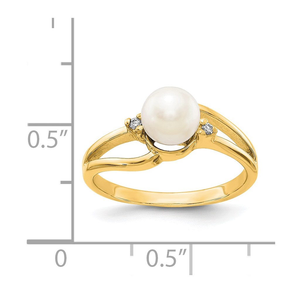14K Gelbgold Ring mit 6 mm Süßwasser-Zuchtperle und echtem Diamanten VS