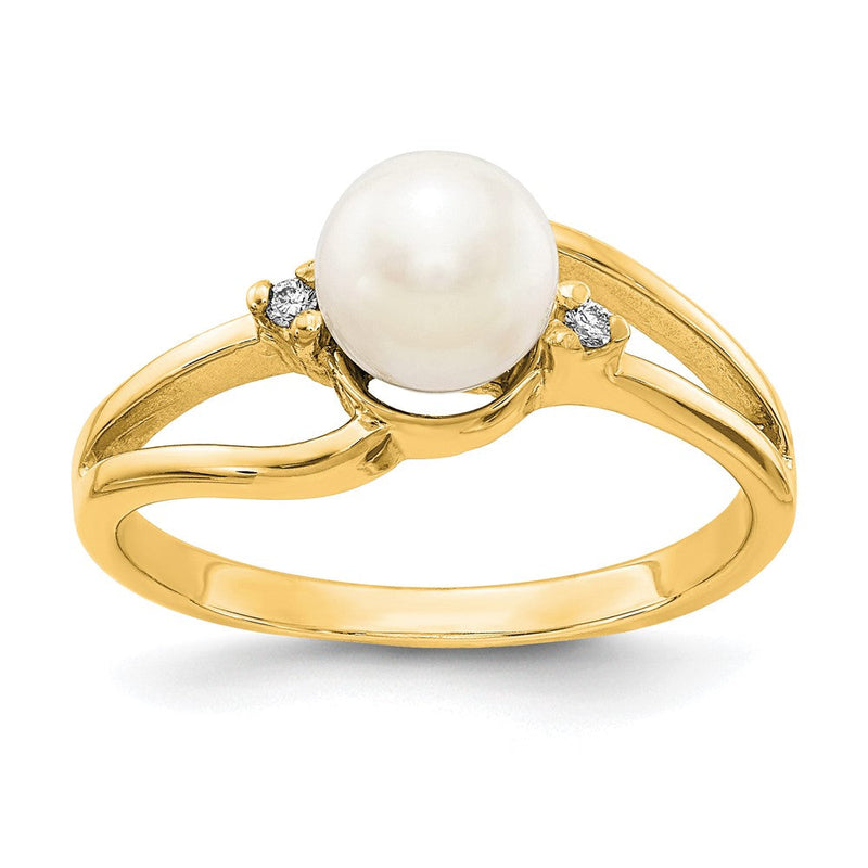 14K Gelbgold Ring mit 6 mm Süßwasser-Zuchtperle und echtem Diamanten VS