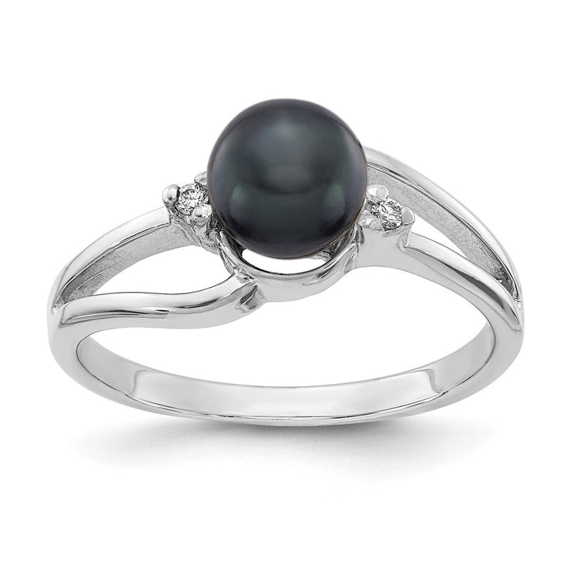 14K Weißgold Ring mit 6 mm schwarzer FW Zuchtperle und echten Diamanten VS