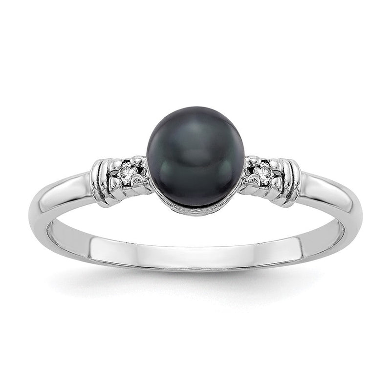 14K Weißgold Ring mit 5 mm schwarzer FW-Zuchtperle A und echtem Diamant