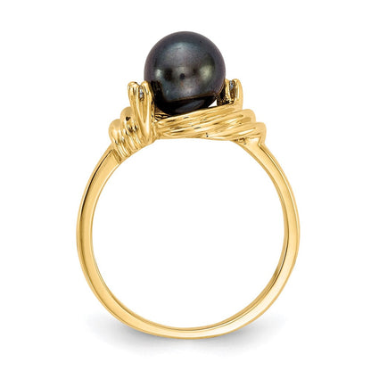 14K Gelbgold 7mm Schwarz Fw Zuchtperle A Echt Diamant Ring