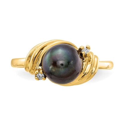 14K Gelbgold 7mm Schwarz Fw Zuchtperle A Echt Diamant Ring