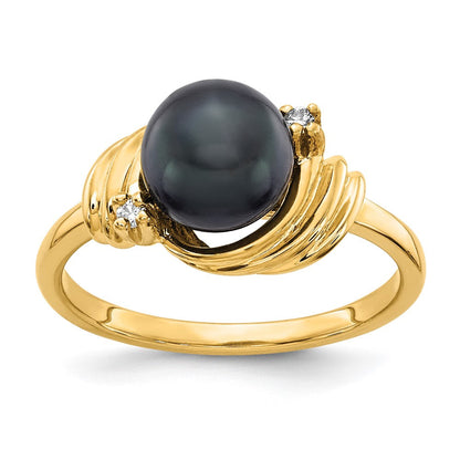 14K Gelbgold 7mm Schwarz Fw Zuchtperle A Echt Diamant Ring