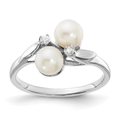 14K Weißgold 5mm Fw Zuchtperle Aa Diamant Ring