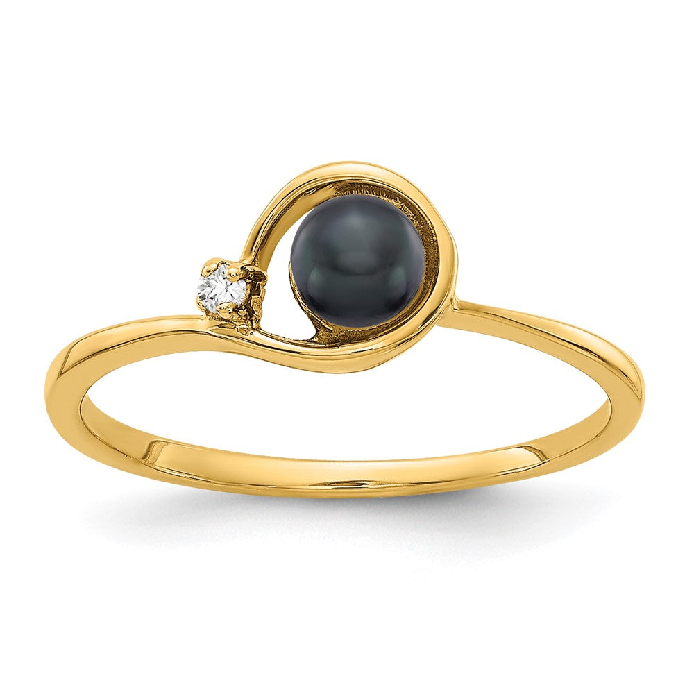 14K Gelbgold 4mm Schwarz Fw Zuchtperle Aaa Diamant Ring