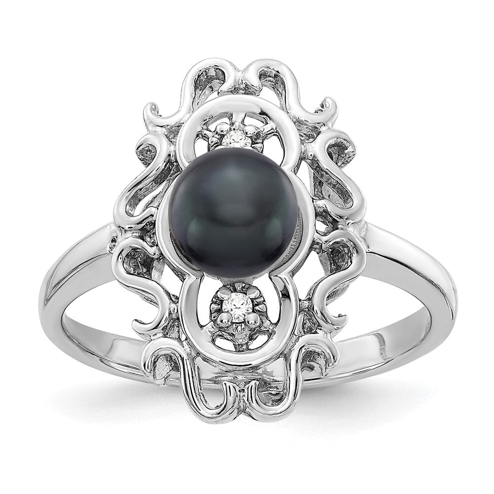 14K Weißgold 5.5mm Schwarz Fw Zuchtperle Aaa Diamant Ring