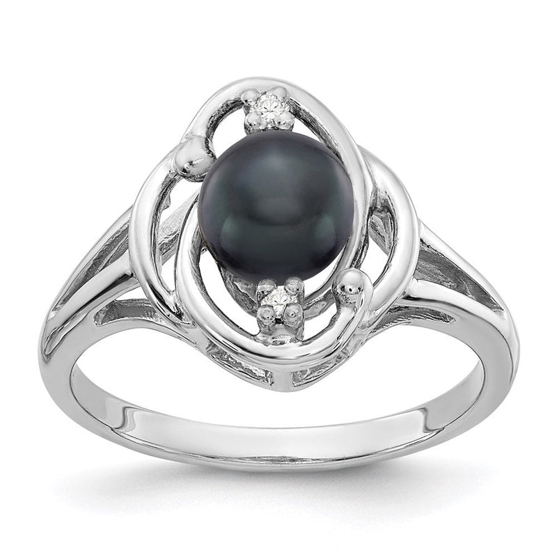 14K Weißgold 6mm Schwarz Fw Zuchtperle Aaa Echt Diamant Ring