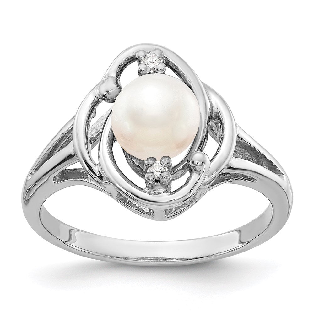 14K Weißgold 6mm Fw Zuchtperle A Echt Diamant Ring