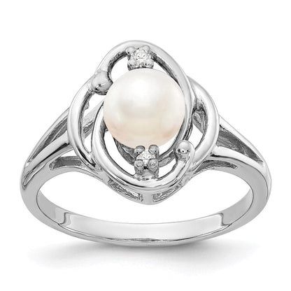14K Weißgold 6mm Fw Zuchtperle A Echt Diamant Ring