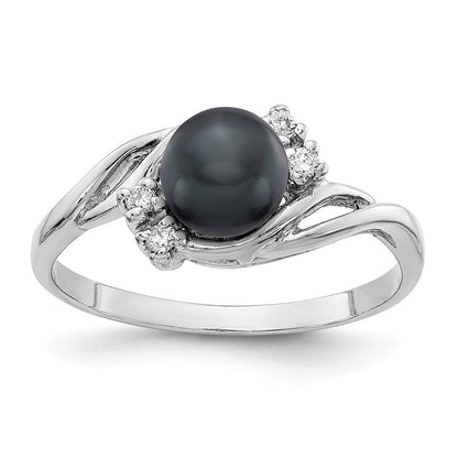 14K Weißgold 6mm Schwarz Fw Zuchtperle A Echt Diamant Ring